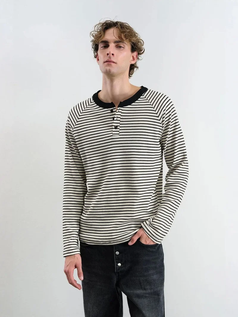 جيستو GIESTO Striped Cotton Long Sleeve Button Collar T-Shirt